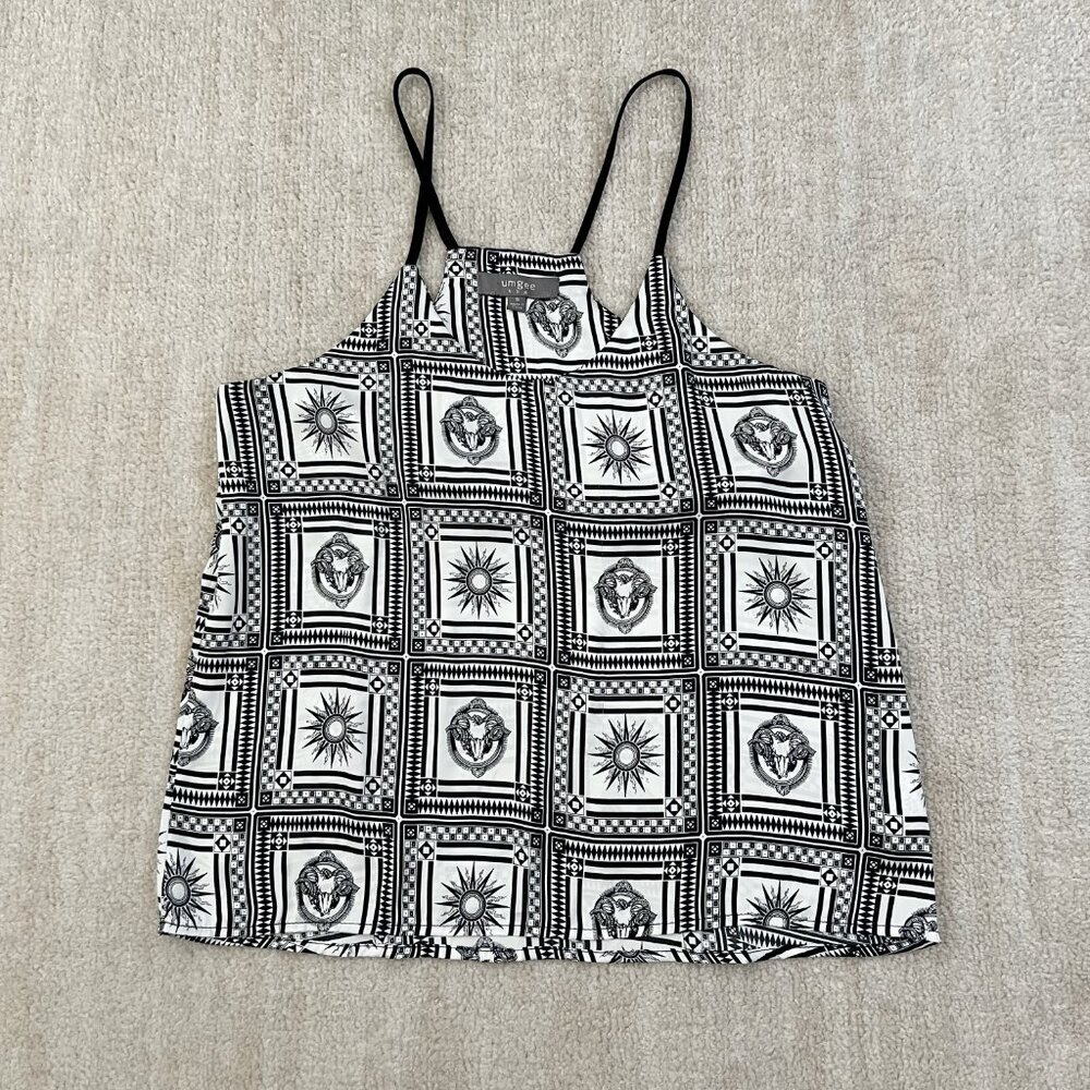 Umgee Sleeveless Boho Blouse Top S Black White